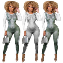 3D Body Print Round Neck Zipper Slim Fit Jumpsuit