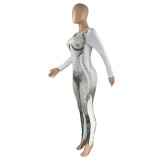 3D Body Print Round Neck Zipper Slim Fit Jumpsuit