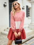 Stitching Contrast Color Long-sleeved Round Neck Dress