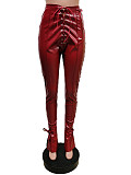 Lace-up fashion slit casual leather pants