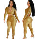Deep U-neck Chain Long Sleeve Solid Color Two-piece Suit