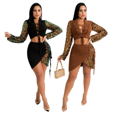 Sequin Stitching Long-sleeved Strappy Hip Skirt Suit