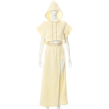 Pure Color Casual Drawstring Hooded Sleeveless Long Skirt Suit