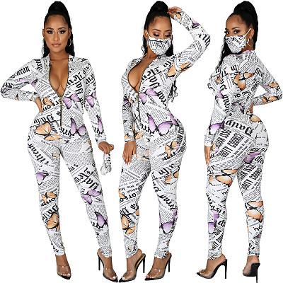 Sexy Printed Personality Round Neck Zipper Jumpsuit