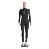 Sexy Net Yarn See-through Pleated Slim Long-sleeved Jumpsuit