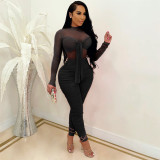 Solid Color Sexy Stitching Straps Long-sleeved Jumpsuit
