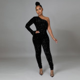 Fashion Sexy Slanted Shoulder Sequined PU Hip Jumpsuit