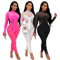 Solid Color Sexy Stitching Straps Long-sleeved Jumpsuit