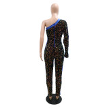 Fashion Sexy Slanted Shoulder Sequined PU Hip Jumpsuit