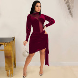 Solid Color Round Neck Long-sleeved Mesh See-through Dress