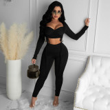 Fashion Drawstring Slim Fit Sexy Solid Color Two-piece Suit