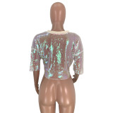 Sexy Nightclub Mid-sleeve Open-waist Sequined Top
