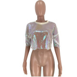 Sexy Nightclub Mid-sleeve Open-waist Sequined Top