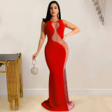 Sexy Hot Drilling Mesh Gauze See-through Sleeveless Backless Dress