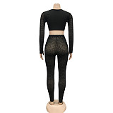 Sexy Color Matching Mesh Yarn Hot Drilling Trousers Two-piece Suit