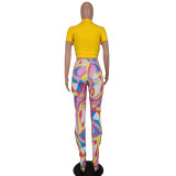V-neck T-shirt Top Printed Trousers Two-piece Suit