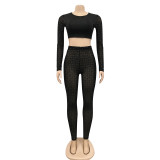 Sexy Color Matching Mesh Yarn Hot Drilling Trousers Two-piece Suit