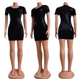 Black Sequin Round Neck Short Sleeve Sexy Slim Fashion Dress