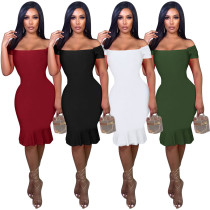Sexy Buttocks Word Shoulder Solid Color Dress