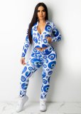 Fashion Blue Print Two-piece Suit