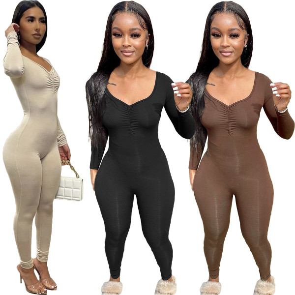 Sexy Tight V-neck Pleated Solid Color Long-sleeved Jumpsuit