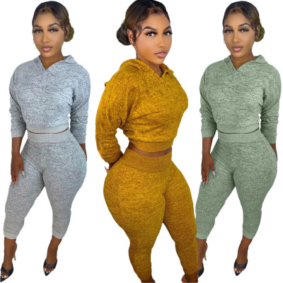 Pure Color Hooded Knitted Sweater Two-piece Suit