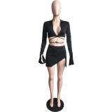 Solid Color Tie Strap Tube Top Long Sleeve Two-piece Suit