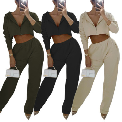 Pure Color Hooded Sweater + Wide Leg Pants Two-piece Suit