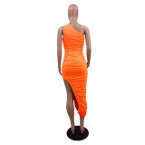 Tight-fitting Solid Color Pleated Sexy Dress