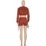 Casual Solid Color Tie Drawstring Shorts Two-piece Suit
