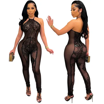 New See-through Sleeveless Lace Sequin Halterneck Jumpsuit