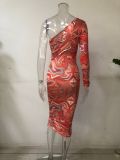 Sexy Printed Slanted Shoulder Long Sleeve Slim Dress