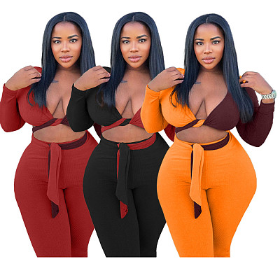 Sexy Exposed Waist Two-color Stitching Plus Size Two-piece Suit