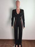 Mesh Stitching Sexy Long-sleeved V-neck Jumpsuit