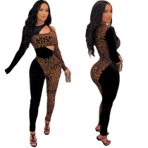 Leopard Print Hollow Stitching Sexy Skinny Jumpsuit