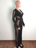 Mesh Stitching Sexy Long-sleeved V-neck Jumpsuit