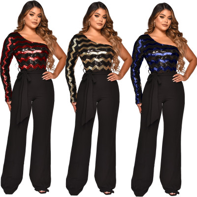 Sequin Panel Wide Leg Pants One Shoulder Long Sleeve Jumpsuit