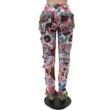 Casual Fashion Color Pattern Fringed Velvet Pants