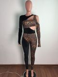 Leopard Print Hollow Stitching Sexy Skinny Jumpsuit