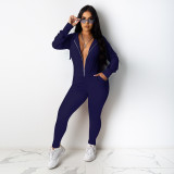 Pure Color Hooded Zipper Long Sleeve Two-piece Suit
