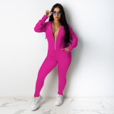 Pure Color Hooded Zipper Long Sleeve Two-piece Suit