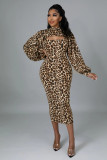 Printed Leopard Print Casual Puff Sleeves Two-Piece Set