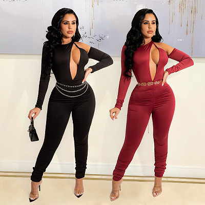 Sexy Solid Color Long Sleeve Cutout Irregular Jumpsuit