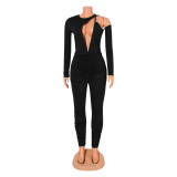Sexy Solid Color Long Sleeve Cutout Irregular Jumpsuit