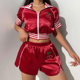 Cherry Embroidered Cropped Navel Zip Sport Two-Piece Set