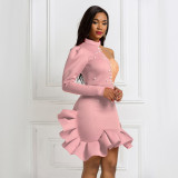 Sexy One Shoulder Long Sleeve Colorblock Ruffle Dress