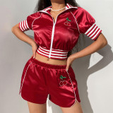 Cherry Embroidered Cropped Navel Zip Sport Two-Piece Set