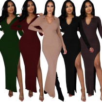 Sexy Fashion V-Neck Solid Color Dress