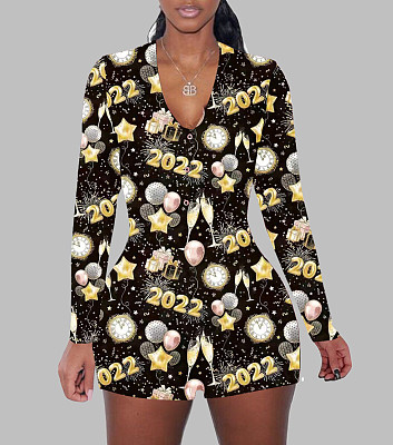New Year's Graphic Print Long Sleeve Jumpsuit