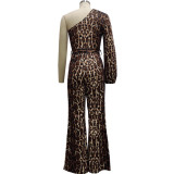 Sexy Fashion Leopard Print Oblique Shoulder Jumpsuit